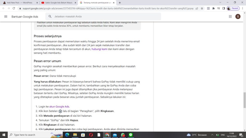 saldo google ads belum masuk