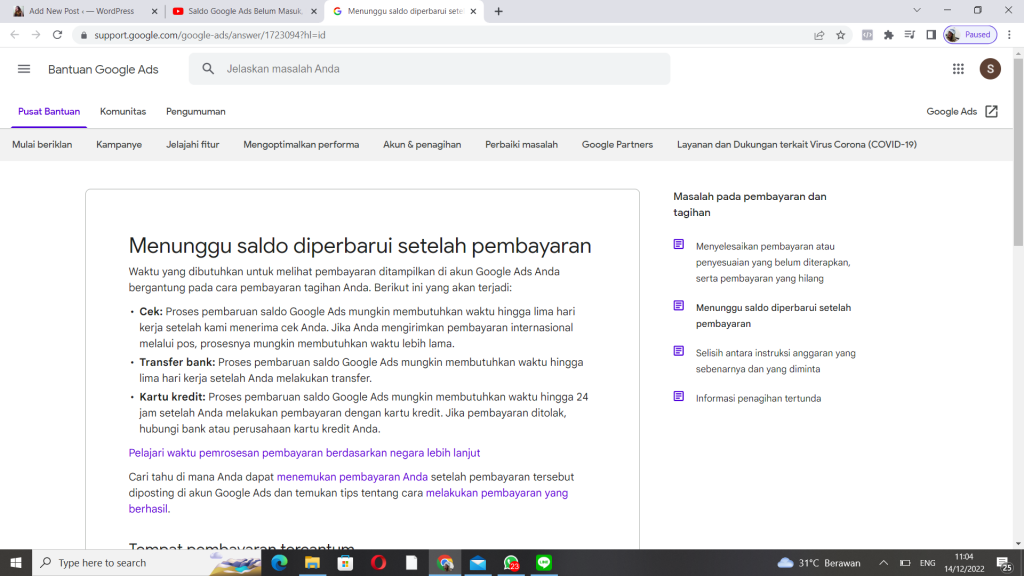 saldo google ads belum masuk