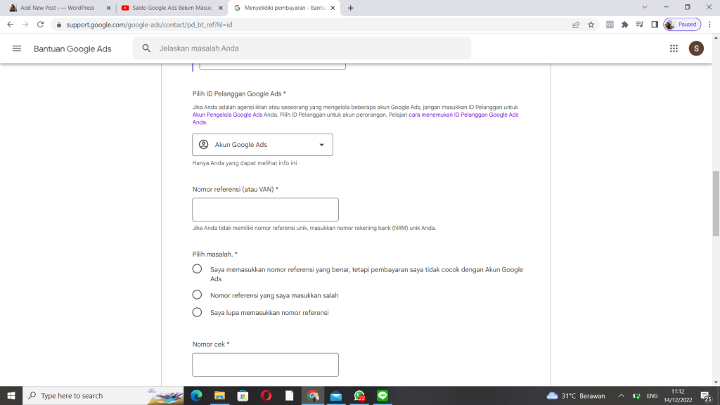 saldo google ads belum masuk