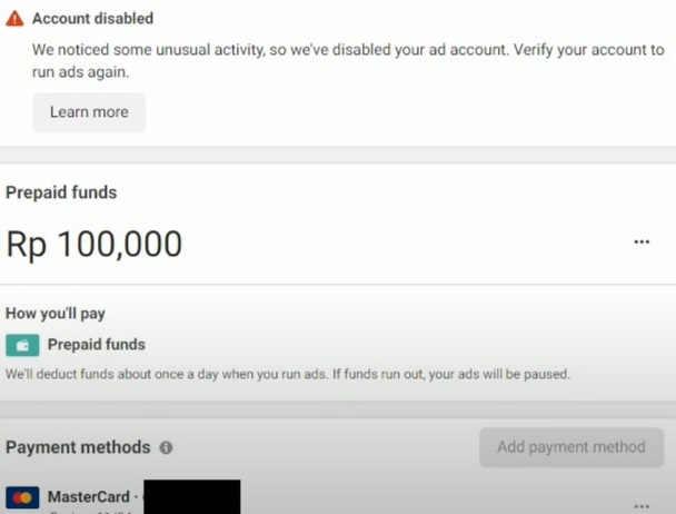 cara mengatasi facebook ads account disabled due to payment failure