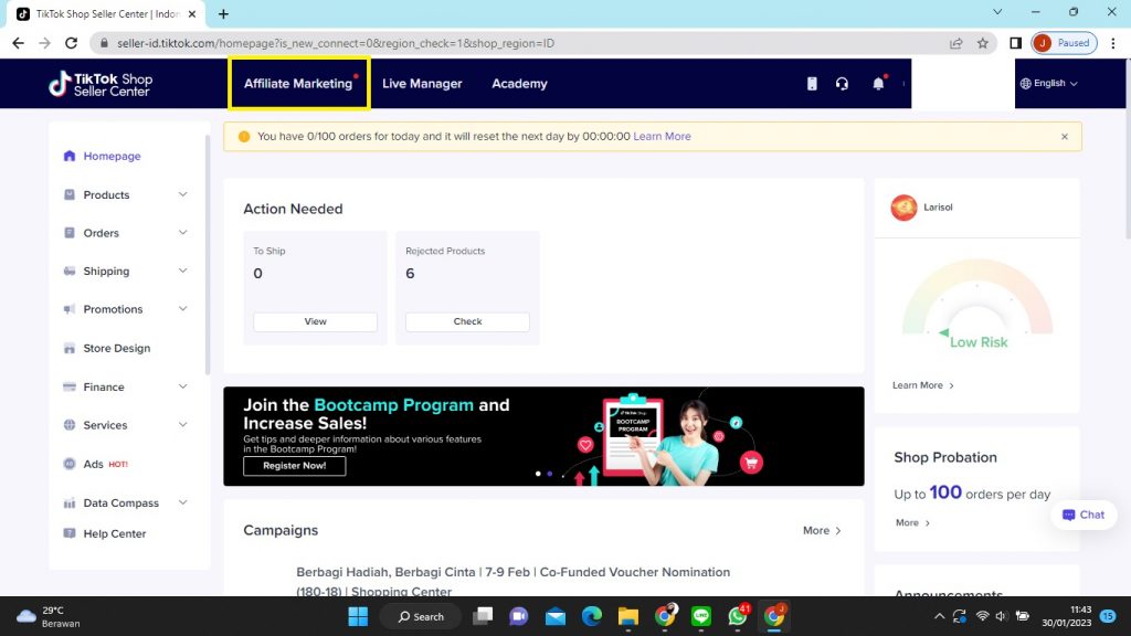 Cara Seller Membuka Program Affiliate Tiktok
